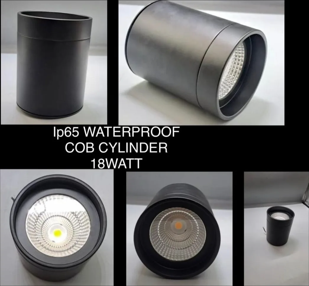 Waterproof COB cylinder light with black outdoor-rated body