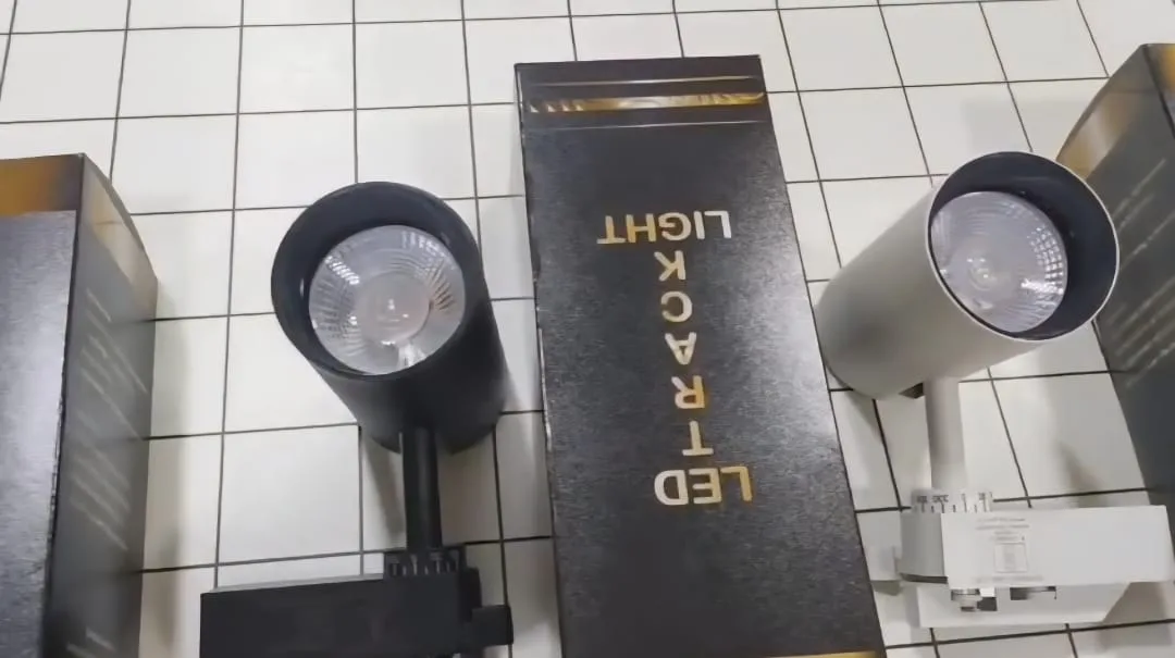 LED track spotlights displayed with their packaging