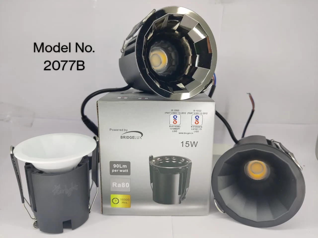 COB downlight model 2077B with packaging and multiple finishes