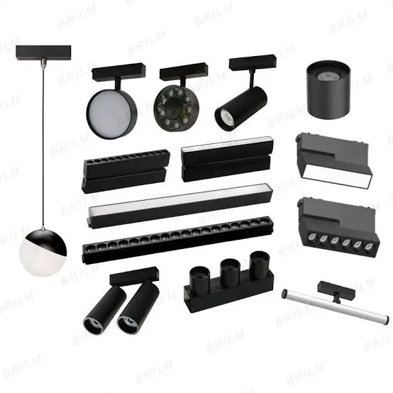 Magnetic track lighting system with spot, grille and pendant modules